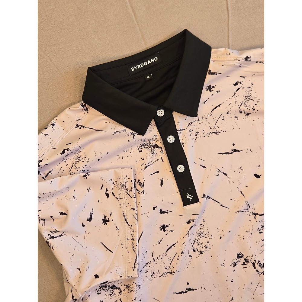 Byrdgang Mens Splatter Print Performance Golf Polo Shirt Pink Black Size Medium